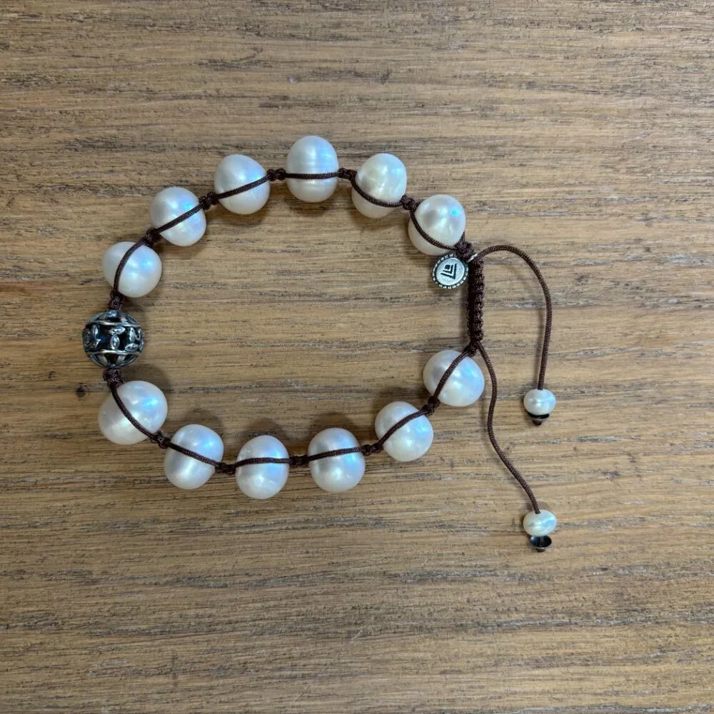 Silpada 925 Sterling Silver Rugged Pearl Brown Cord Adjustable Bracelet B2424 - Picture 2 of 3
